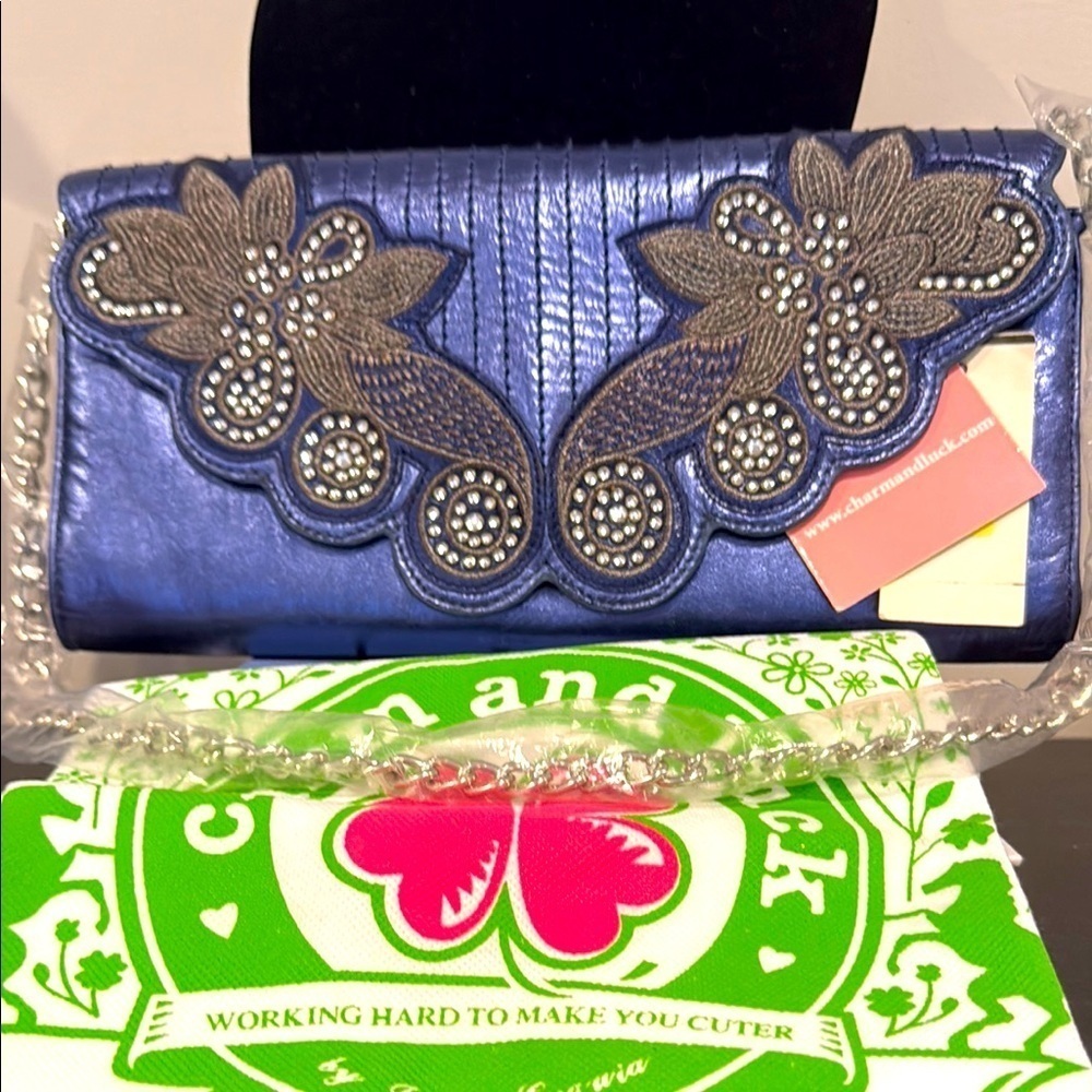 Charm and Luck Cobalt Blue Leather Beaded Clutch